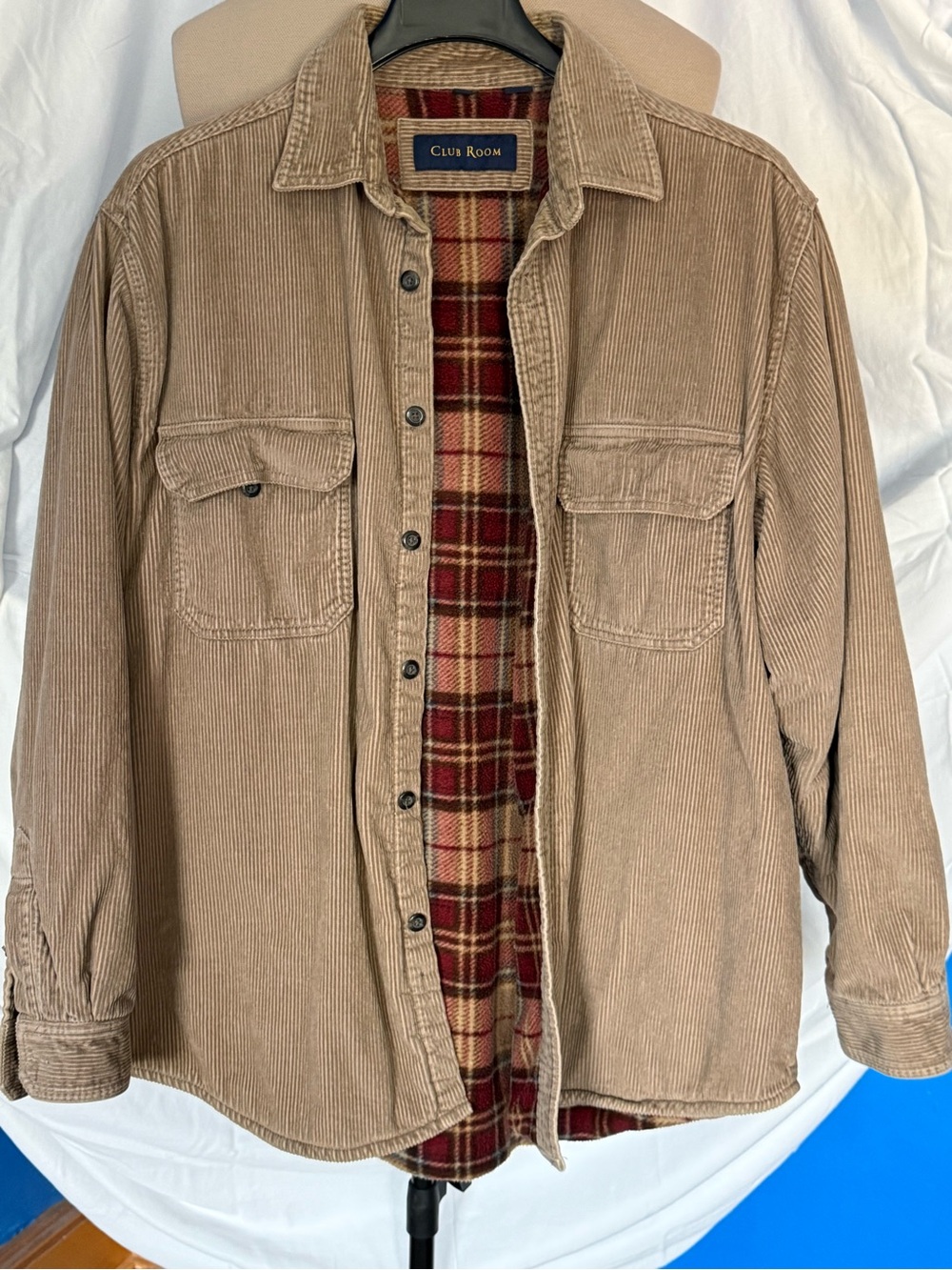 Club Room Corduroy Shirt Jacket Mens XXL Tan Beige Plaid Lined Cabincore Shacket